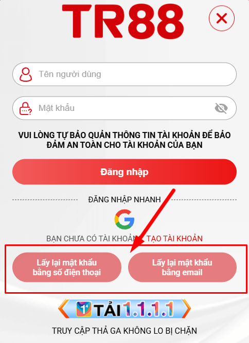 Hướng dẫn lấy lại mật khẩu tr88